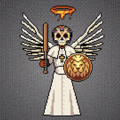 a pixel art illustration of an angel holding a bat and a shield with a lion on it