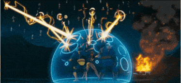 a cartoon drawing of a person standing in front of a blue dome with a fire behind it