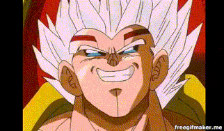 a close up of a cartoon character with white hair and a smile .