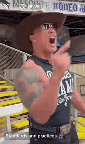 a man wearing a cowboy hat , sunglasses and a tank top is pointing at something .