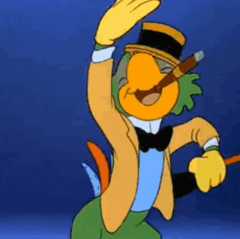 a cartoon parrot wearing a top hat and holding a cane is dancing .
