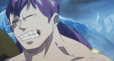 a cartoon of a man with purple hair making a face with his mouth open