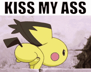 a picture of a cartoon character with the words kiss my ass on it