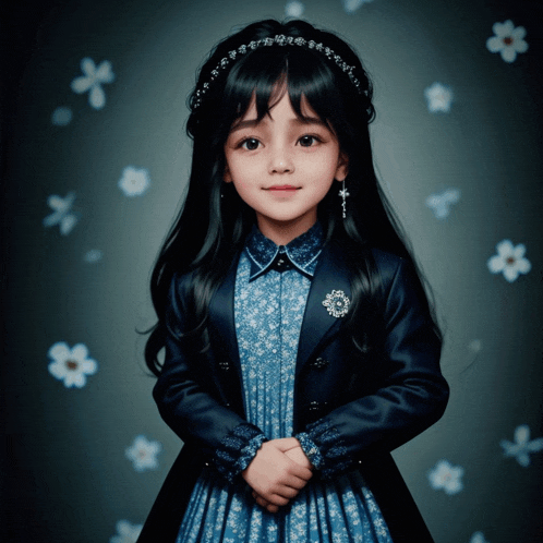 a little girl wearing a blue dress and a blue jacket