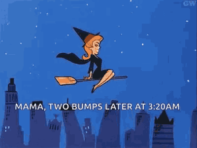 a witch is flying on a broom over a city .