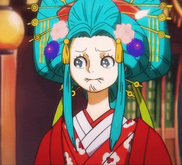 a cartoon of a woman with blue hair and flowers in her hair