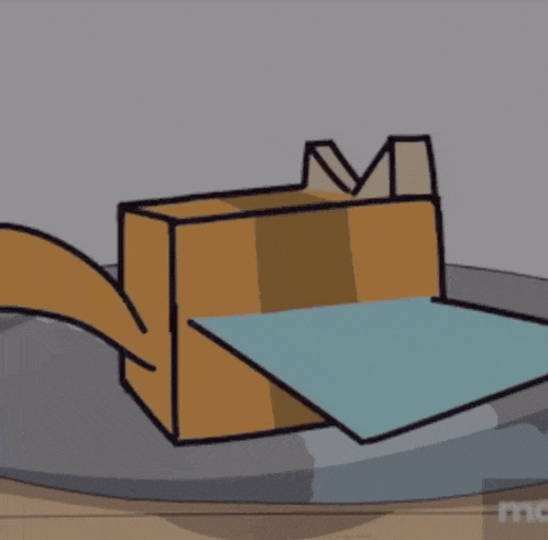 a cartoon drawing of a cat in a cardboard box on a table