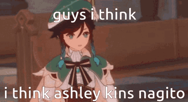 a cartoon character with the words `` guys i think i think ashley kins nagito '' written on it