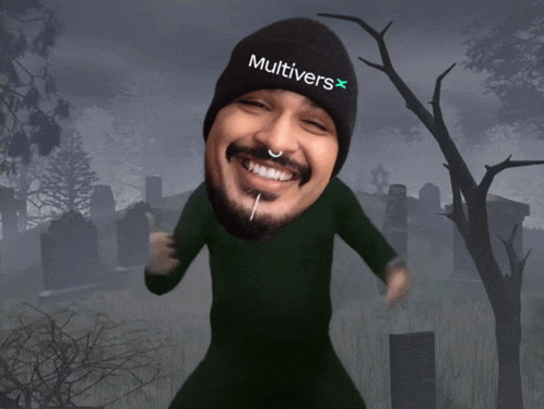 a man wearing a beanie that says multivers x