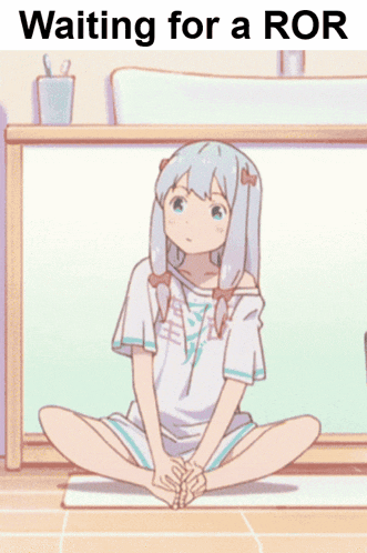 a girl is sitting on the floor with her legs crossed and the words waiting for a ror above her