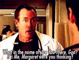 a man in a white coat is talking to another man with the words " what in the name of are you there god "