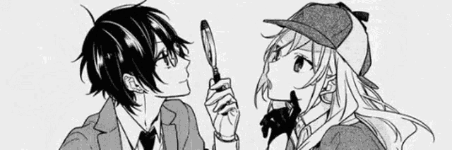 a black and white drawing of a boy and a girl looking at each other with a magnifying glass .