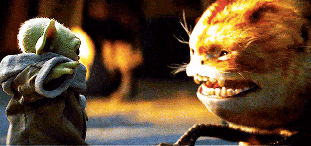 a baby yoda and a cat are standing next to each other and looking at each other
