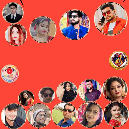 a group of people in circles on a red background with a sticker that says " i love you "