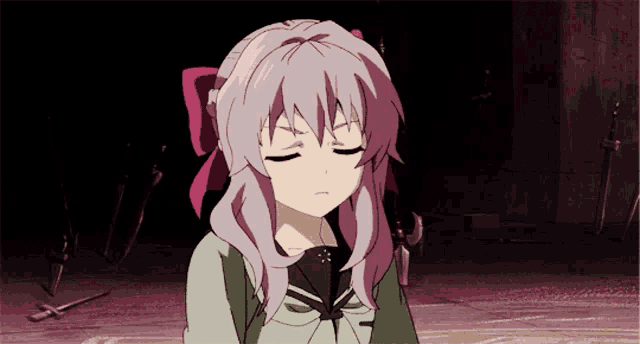 a girl with purple hair and a red bow in her hair