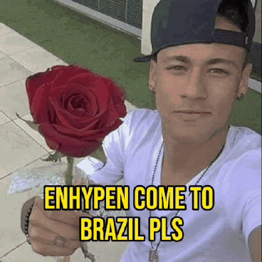 a man holding a red rose with the words enhypen come to brazil pls