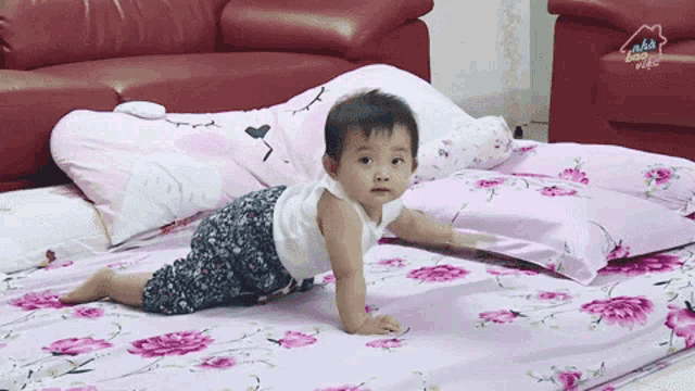 a baby is crawling on a bed with a couch in the background