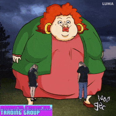 a cartoon of two people standing next to a very large woman with luma written on it