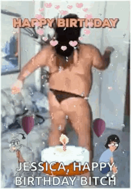 a woman in a bikini is standing next to a birthday cake .