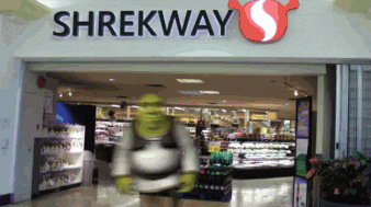 shrekway is a grocery store that has shrek in front of it