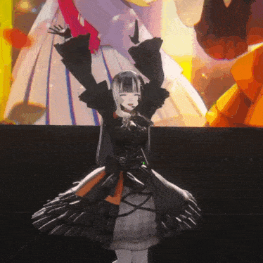 a girl in a black dress is dancing with her arms up