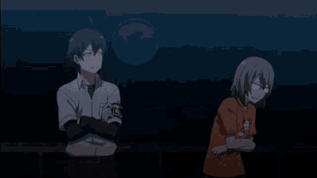 a boy and a girl are standing next to each other with the girl laughing and the boy looking up