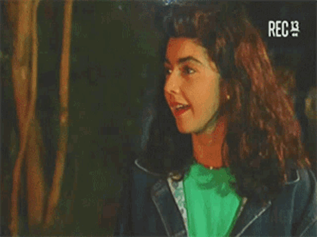 a woman wearing a green shirt and a blue jacket is smiling and looking at the camera .
