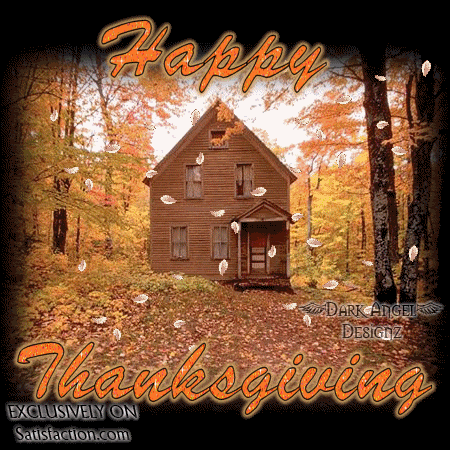 a picture of a house with leaves falling and the words happy thanksgiving