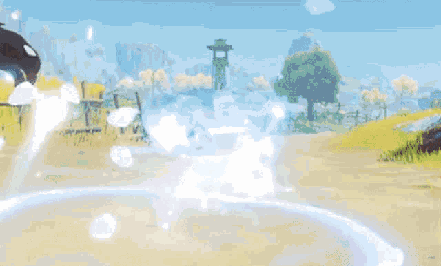 a video game character is standing in the middle of a field with a tower in the background .