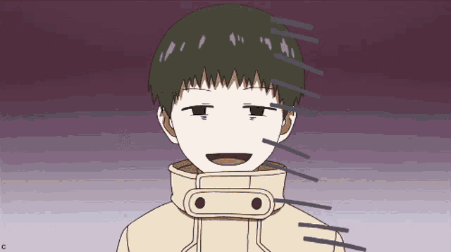 a cartoon drawing of a boy with a white jacket on