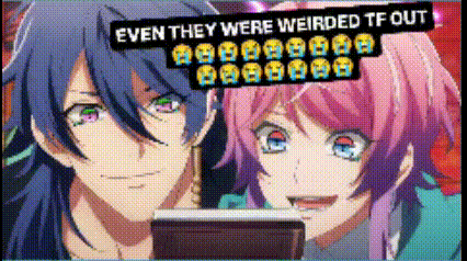 a couple of anime characters standing next to each other with a sign that says `` even they were weirded tf out ''