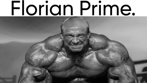 a black and white photo of a very muscular man with florian prime written below him