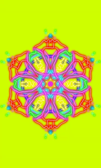 a colorful circular pattern on a yellow background that looks like a kaleidoscope