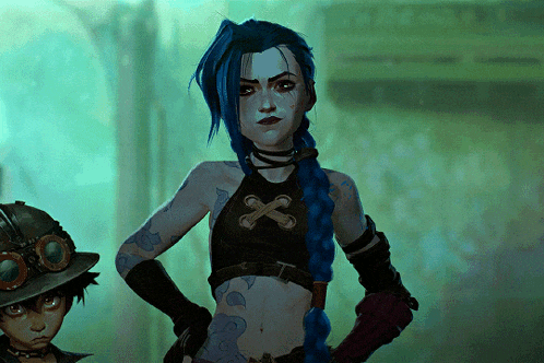 a girl with blue hair and a black top with a cross on it