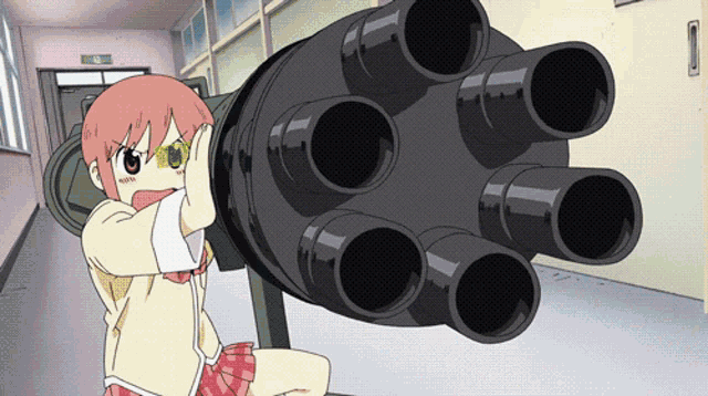 a cartoon girl is looking through a cannon with a green exit sign in the background