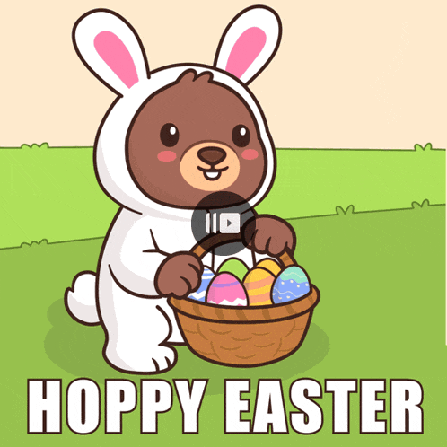 a cartoon of a bear dressed as an easter bunny holding a basket full of easter eggs
