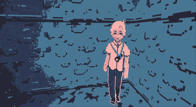 a pixel art of a man standing in front of a wall