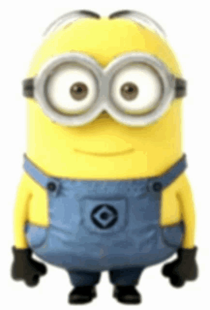 a yellow minion wearing overalls and goggles is smiling