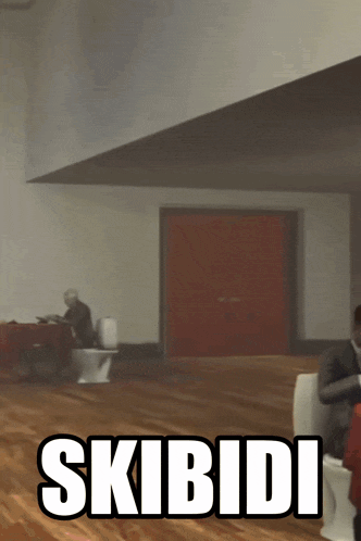 a man sits on a toilet in a room with the words skibidi written on the bottom
