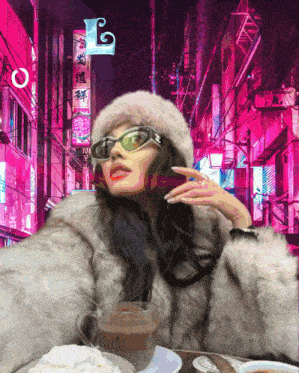 a woman in a fur coat is sitting at a table with a cup of coffee and whipped cream
