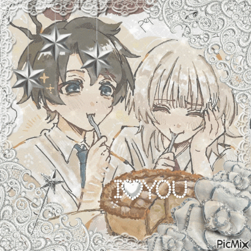 a picture of a boy and a girl with a cake that says i love you on it