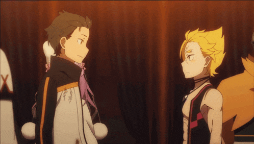 two anime characters are standing next to each other and one of them has a x on his chest