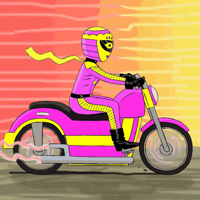 a cartoon drawing of a person riding a pink motorcycle