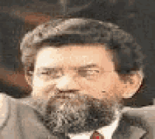 a man with a beard and glasses is wearing a suit and tie and looking at the camera .