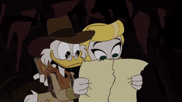 a couple of cartoon characters are looking at a piece of paper