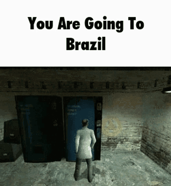 a man in a white coat is standing in front of a blue door with the words " you are going to brazil " below him