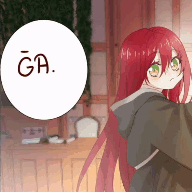 a girl with red hair and green eyes is standing in front of a white speech bubble that says ga