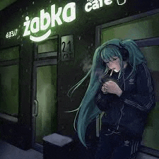a woman with long green hair is smoking a cigarette in front of a store .