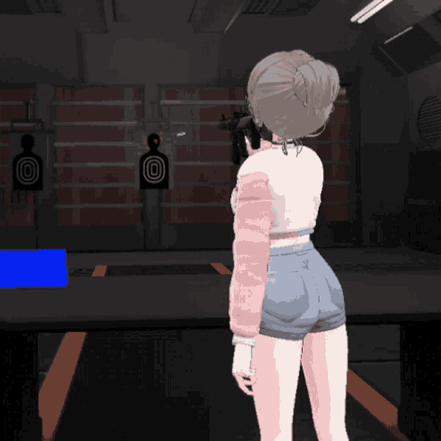 a girl in shorts stands in front of a shooting range