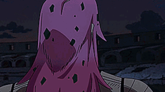a close up of a cartoon character with pink hair and purple eyes .